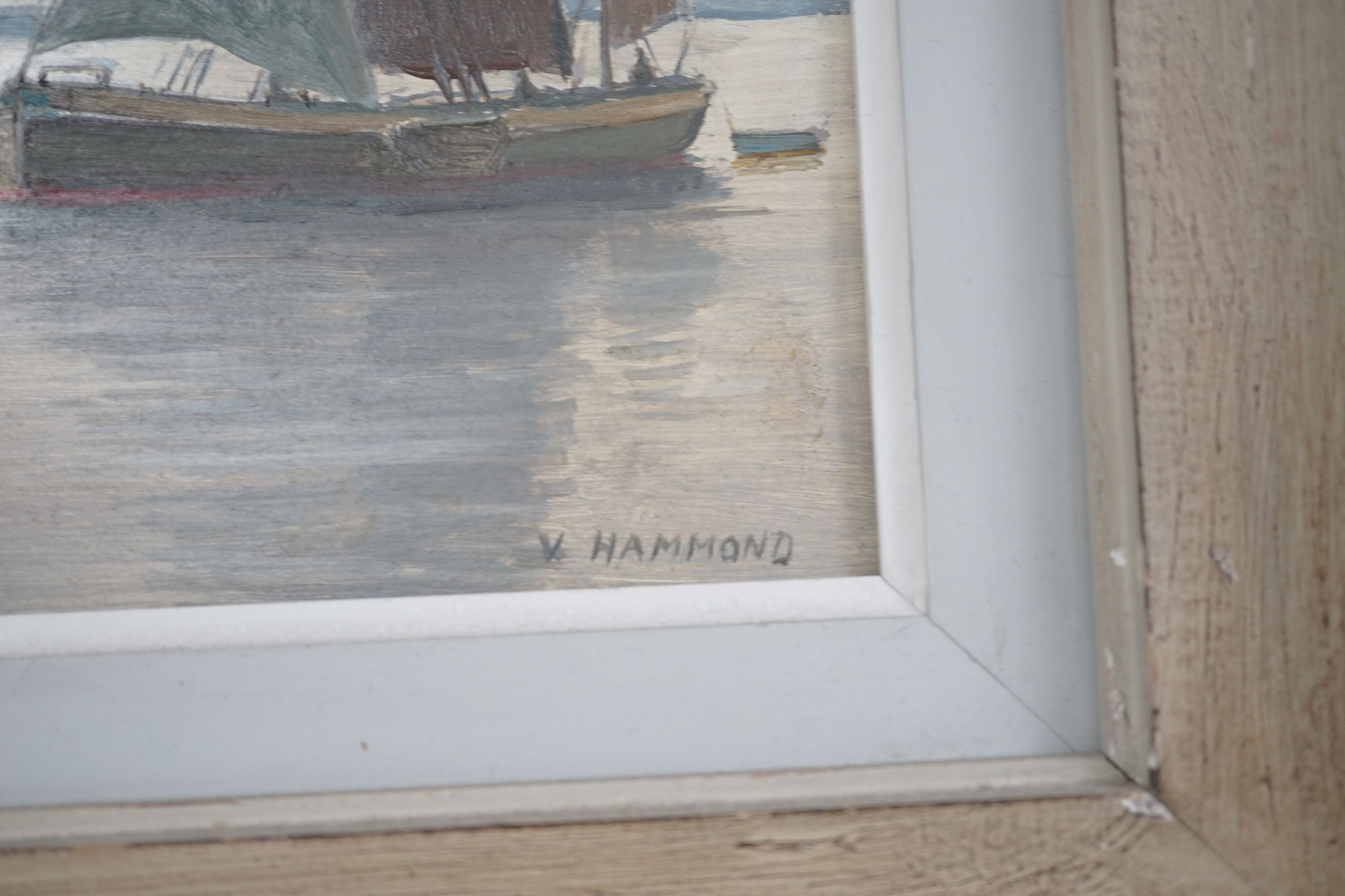 Alfred Vavasour Hammond (1900-1985), oil on board, Sail barges in harbour, signed, 32 x 39cm